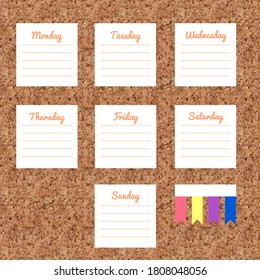 Weekly stickers on a corkboard. Vector illustration, EPS10.