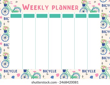 Weekly summer planner with Bicycle. Planning of summer sports, entertainment. Background for notes with bike. Cute school planner is for 7 days. Kids schedule design template. Vector flat illustration
