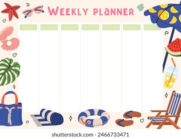 Weekly summer planner. Cute design notebook template. Planning of summer leisure and recreation on beach. Beach holiday elements Lemonade, sunbed, umbrella, sand castle, lifebuoy. Vector illustration.