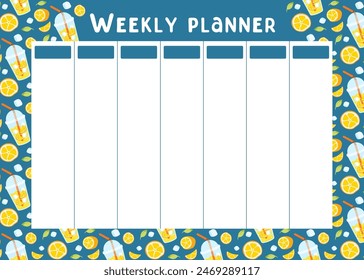 Weekly summer planner with lemonade pattern. Planning of summer entertainment. Background for notes. Cute school planner is for 7 days. Kids schedule design template. Vector flat illustration