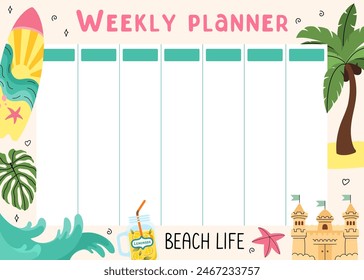 Weekly summer planner. Planning of summer leisure and recreation on beach. Beach background for notes. Holiday elements. Lemonade, palm, surfboard, waves, seashells, sand castle. Vector illustration.