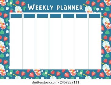 Weekly summer planner with strawberries lemonade pattern. Background for Planning of summer holidays. Cute school planner is for 7 days. Kids schedule design template. Vector flat illustration