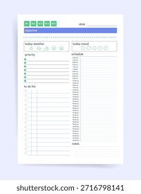Weekly tab daily planner template with objective header, weather and mood tracker icons, priority list, checkbox to do list, schedule from 5am to 11pm, and notes. Clean vector page.