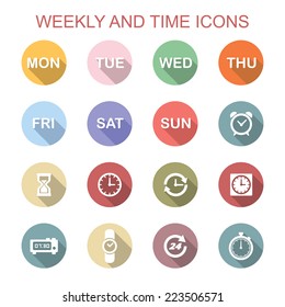 weekly and time long shadow icons, flat vector symbols