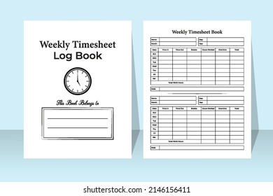 Weekly timesheet log book interior. Business and office employee time management journal template. Interior of a notebook. Worker time management and work hour tracker journal interior.