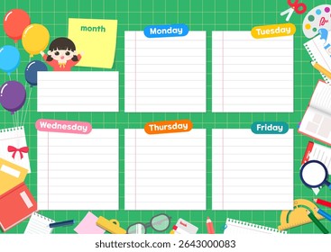 Weekly timetable for kids with school supplies and cute character – colorful classroom planner illustration. vector illustration.