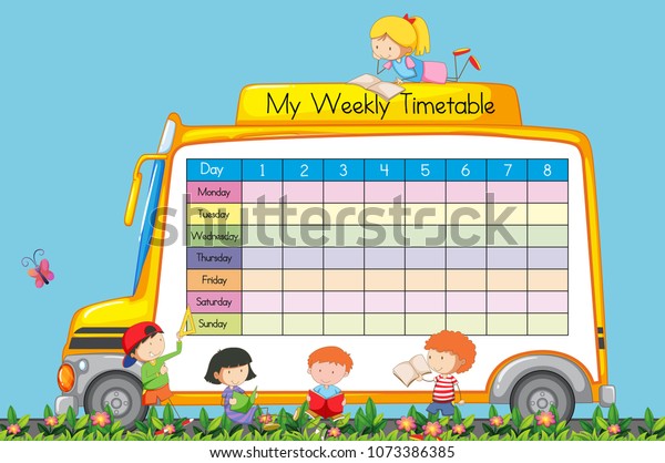 Weekly Timetable On School Bus Theme 스톡 벡터(로열티 프리) 1073386385