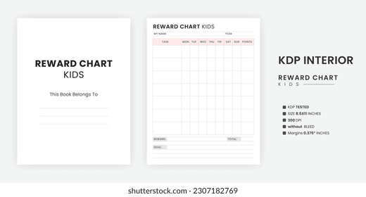 Wöchentlich Einhorn Belohnungsdiagramm Kinder Log Tracker Buchtitel druckbare KDP Inneneinrichtung Vorlage. A gehört zur Seite US-Buchstabengröße auf weißem Hintergrund Belohnungs-Chart-Seite mit dem Kindle Direct Publishing.