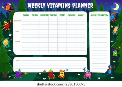 Weekly vitamins planner. Cartoon mineral and micronutrient wizards in Halloween forest. Vector supplement organizer template with Se, K, Fe or P, Cl or Mn. Na, Cu, Zn, I and Mg warlock characters