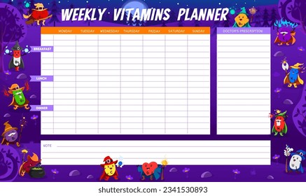 Weekly vitamins planner. Cartoon vitamin wizards and sorcerers in Halloween forest. Vector supplement organizer template with B12, C or B1, P or D. U, N, K, E and B2 warlock capsule characters