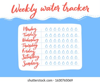 Weekly water tracker design. Calligraphy week days and drops of water checklist. 8 glasses per day rule