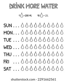 Weekly water tracker vector template. Doodle drinking water checklist. Black minimalism style. Drink more water