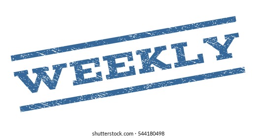 Weekly watermark stamp. Text caption between parallel lines with grunge design style. Rubber seal stamp with scratched texture. Vector cobalt blue color ink imprint on a white background.