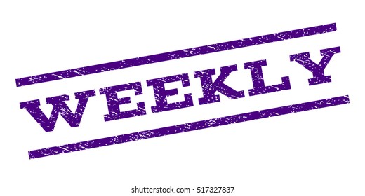 Weekly watermark stamp. Text tag between parallel lines with grunge design style. Rubber seal stamp with dust texture. Vector indigo blue color ink imprint on a white background.