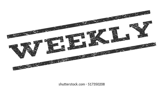 Weekly watermark stamp. Text tag between parallel lines with grunge design style. Rubber seal stamp with dirty texture. Vector gray color ink imprint on a white background.