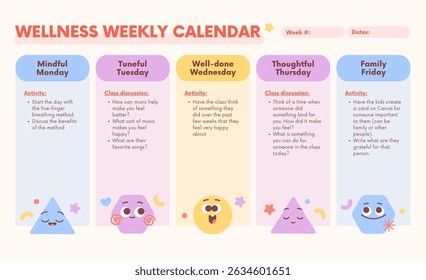 Calendário semanal de bem-estar para atividades e discussões conscientes. Foco em gratidão, bondade e bem-estar.