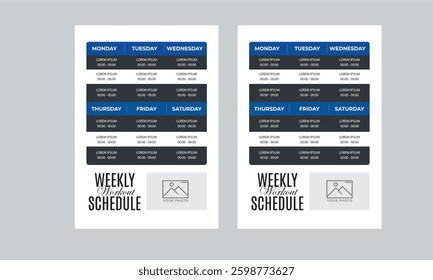 Weekly Workout Schedule, Event Schedule layout design template with unique design style concept	