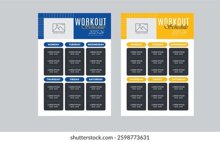 Weekly Workout Schedule, Event Schedule layout design template with unique design style concept	