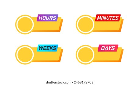 Weeks, days, hours, minutes countdown banner template. Promotion poster design element. Countdown, time left, planner. Flat vector illustration.