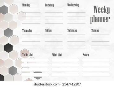 Weely planner with marble granite and polygons.Gray, rose and white colors. Abstract texture.  Vector illustration.