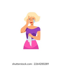 Weeping crying young woman cartoon character, flat vector illustration isolated on white background. Sad depressed and unhappy woman shedding tears.
