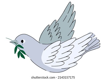 Weeping dove of peace. Flying pigeon bird with a twig. Minimalistic vector illustration isolated on white background.