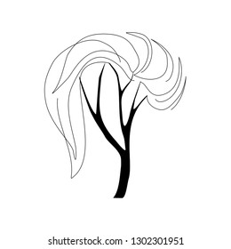 A weeping elm tree with a crown in the shape of a hairstyle. Black and white vector image of elm with foliage haircut