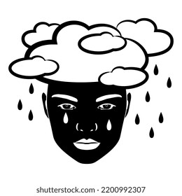 Weeping female face in clouds with rain drops as her tears. Creative concept. Black and white silhouette.