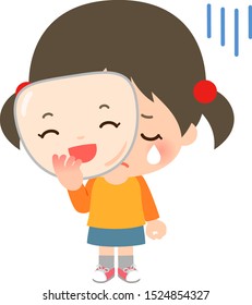 Weeping girl putting a smiling mask on her face