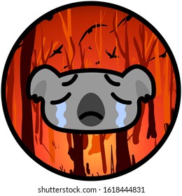 weeping koala icon on a burning Australian forest background. Vector cartoon illustration