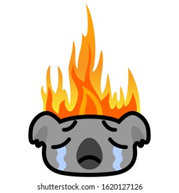weeping koala icon on fire background. Cartoon vector illustration