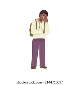 Weeping little child boy expressing emotion, isolated upset or offended small kid with a rucksack on shoulders. Vector flat cartoon character in pain, suffering preteen or preschooler student