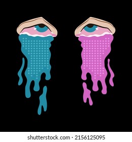 Weeping reddened eyes with colored tears. Bright print for T-shirts in the style of the 2000s. Vector illustration.