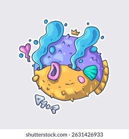 Peces de globo espinoso llorando. Caricatura de Vector. Estilo de moda. Ilustración vectorial.
