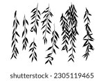 
 Weeping Willow Branches silhouettes collection. Set of isolated vector design elements.
  Hand drawn  illustration. Nature template. Clipart.