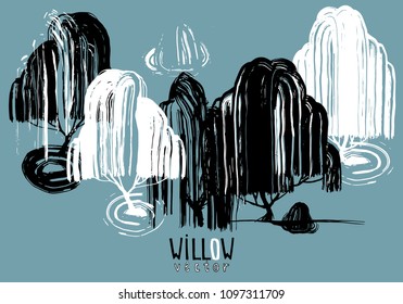 Weeping willow hand drawn isolated tree silhouette for interior and design