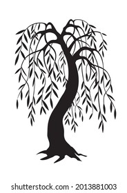 Willow Baum, schwarze Silhouette.
Illustration des melancholischen Baummotivs. Einzeln auf weißem Hintergrund. Vektorgrafik verfügbar.