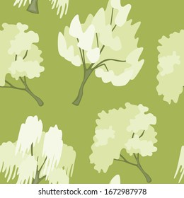Lloros de sauce llorosos sobre el fondo verde. Árboles de jardín sin fisuras para envolver papel, funda de tela, baldosas o ropa de cama. Maleta telefónica o arte de impresión de tela. Ilustración vectorial de estilo minimo