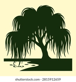 Weeping Willow Tree Silhouette near Water Pond Vector Illustration