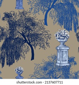 
Weeping willows and garden decor (flowers in a pot  bowl on a pedestal ). Vector seamless pattern. Design nature and architecture. 
