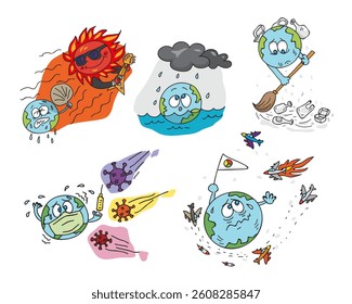A Weeping World The Crisis With Pandemic Infection, Burning Globe, Peace And War Battle Earth Globe, Crisis Of Pollution. Cartoon Vector Illustration.