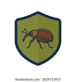 Weevil beetle icon inside a green shield for pest control concept