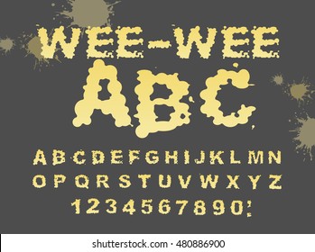 Wee-wee ABC. Yellow liquid font. piss typography. Urine alphabet. fluid letters