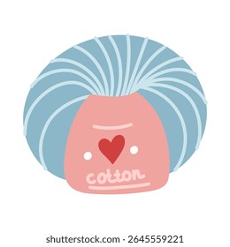 Weft of blue colored cotton threads, knitting yarn with label. Flat color isolated illustration. Cozy atmosphere. for packaging, sewing stores, handicraft blogs, creative goods, and handicrafts