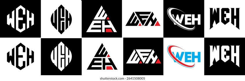 WEH letter logo design in six style. WEH polygon, circle, triangle, hexagon, flat and simple style with black and white color variation letter logo set in one artboard. WEH minimalist and classic logo