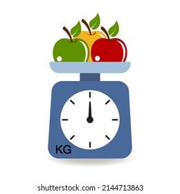 Weigh apples on a scale in a store or market. Flat vector illustration isolated on white background.