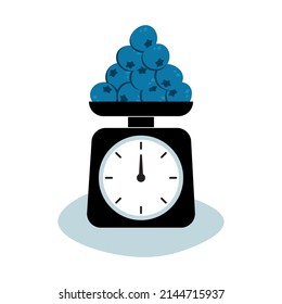 Weigh blueberries on a scale in a store or market. Flat vector illustration isolated on white background.