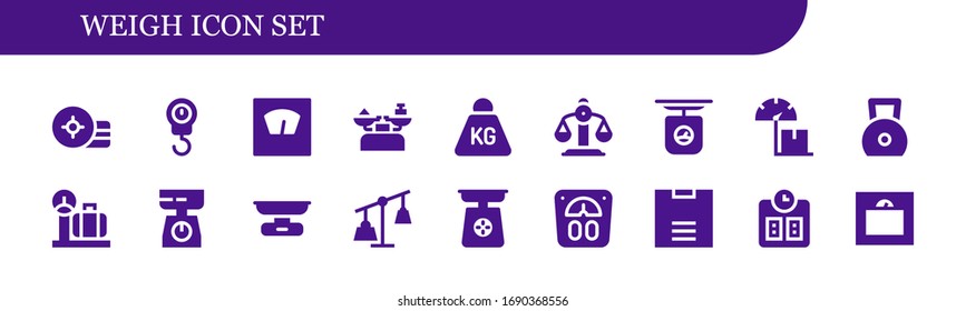 Weigh Icon Set. 18 Filled Weigh Icons. Included Weight, Scale, Balance, Weights Icons