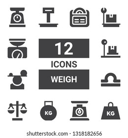 weigh icon set. Collection of 12 filled weigh icons included Weight, Scale, Libra, Balance