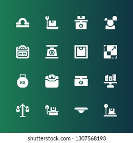 weigh icon set. Collection of 16 filled weigh icons included Scale, Balance, Weight, Weighing scale, Libra